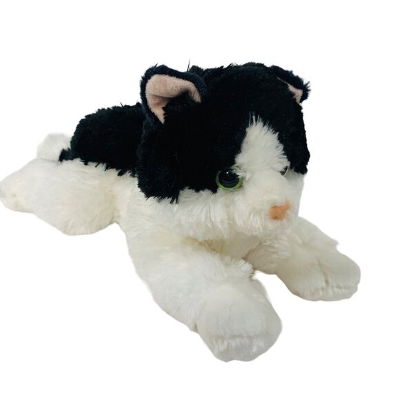 Aurora Realistic Cat Stuffed Animal Oreo Plush Green Eye Black White 12" Toy - Picture 1 of 9